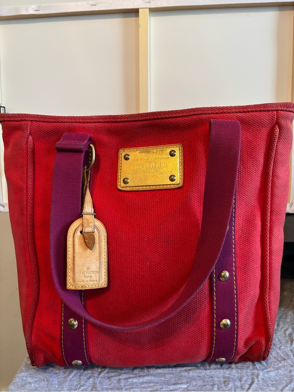 Authentic Louis Vuitton Antigua Cabas MM Red Canvas Tote - Excellent Interior